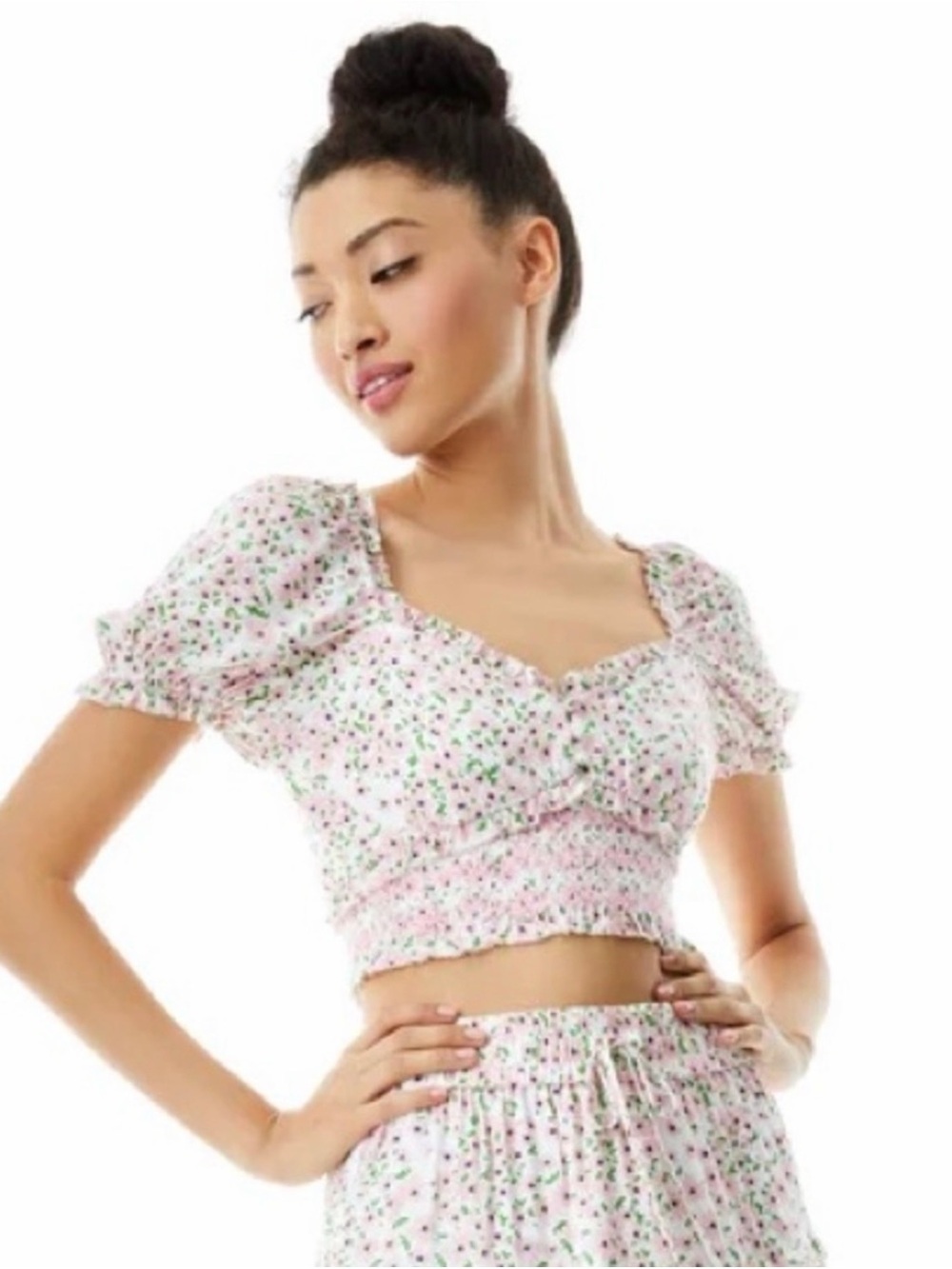 Alice + Olivia Pink Floral Puff-Sleeve Crop Top
